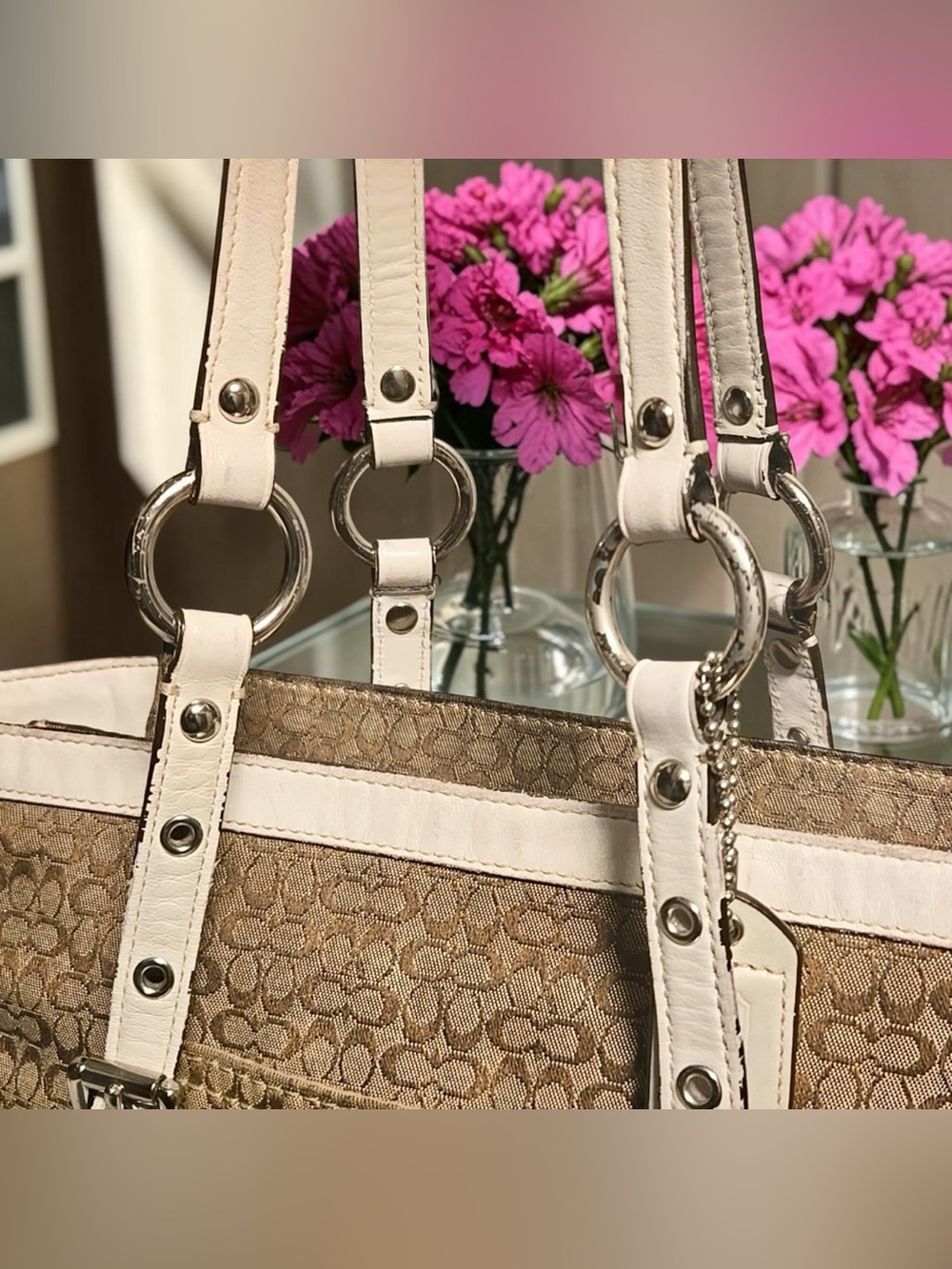 Coach 2007 Khaki and Chalk Signature Canvas Tote with Leather Trim - Picture 8 of 14